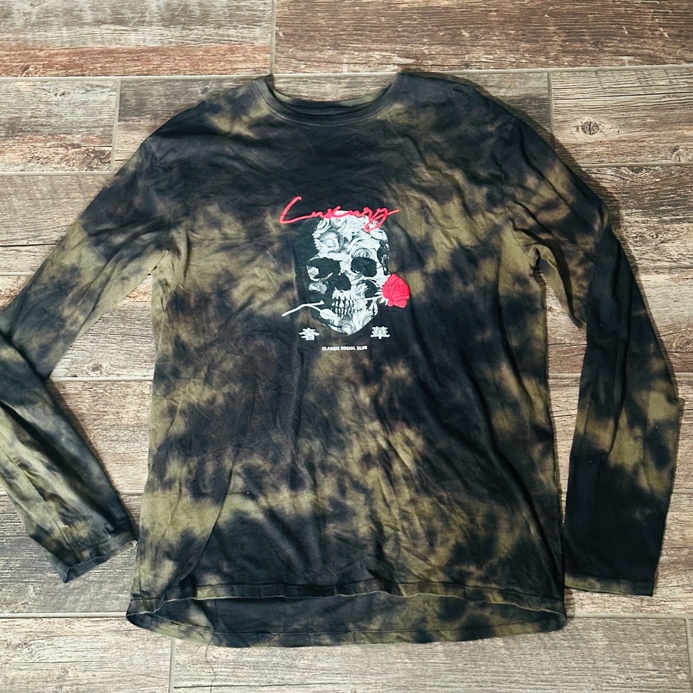 Classic Social Luxury Skull - Long Sleeve T-Shirt- Men's L  Green Black Tie-Dye